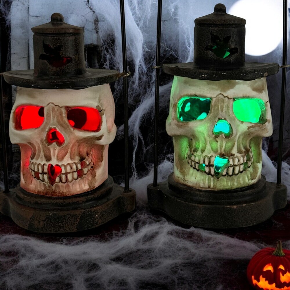 Spooky Halloween Skull Lantern Flashing Multi Coloured Colored Lights Decor Pair
